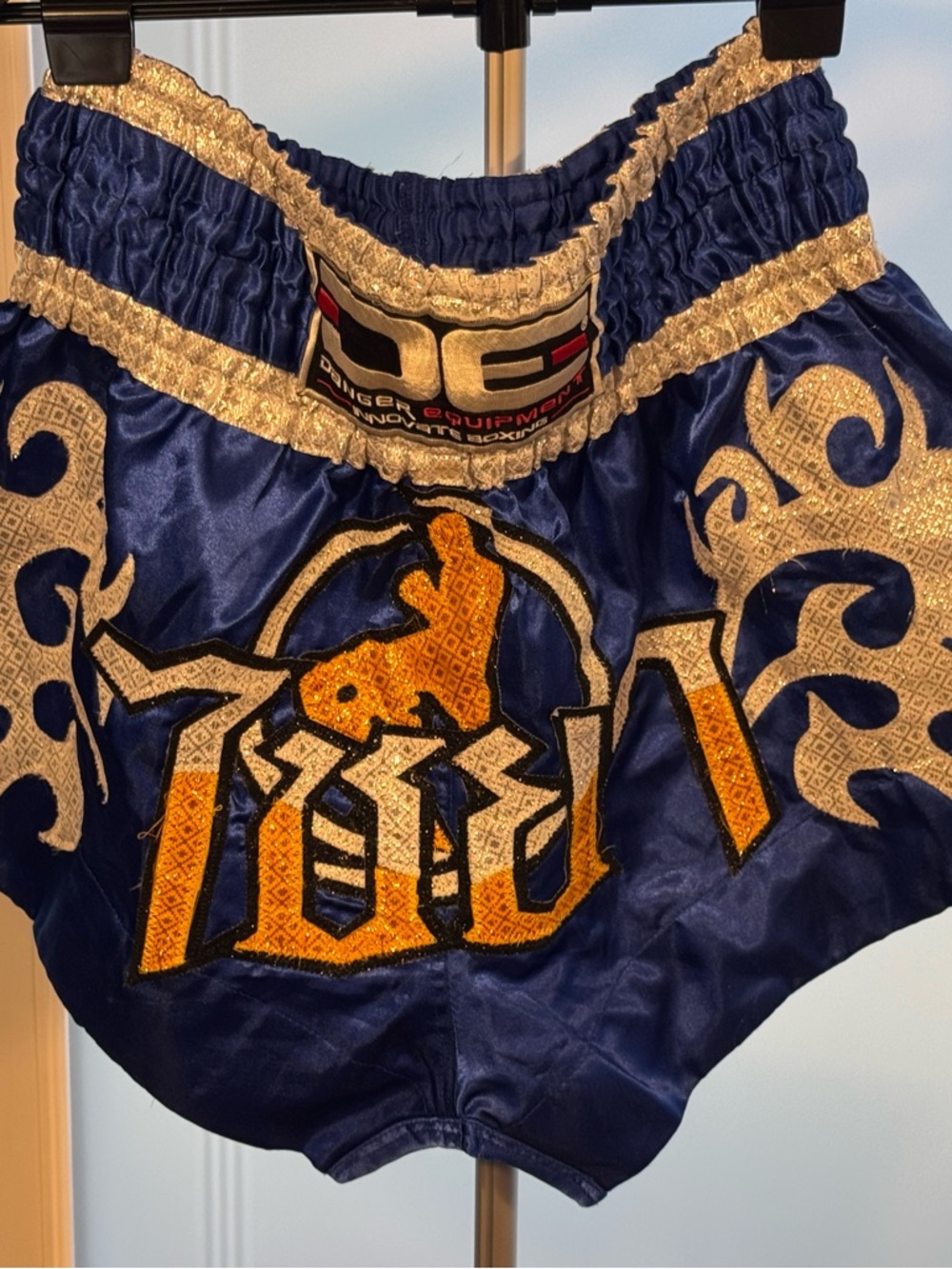 Danger Equipment Muay Thai Shorts Blue Satin Kickboxing Boxing Trunks Size L